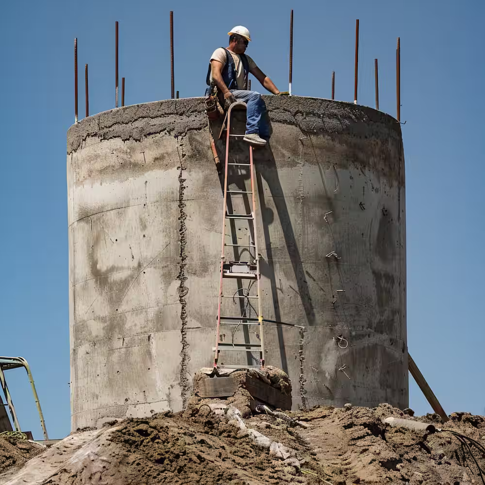 um pedreiro construindo uma caixa d´agua usando concreto da engemix